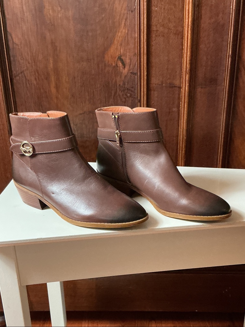 Coach Brown Leather Ankle Booties with Side Zip and Buckle